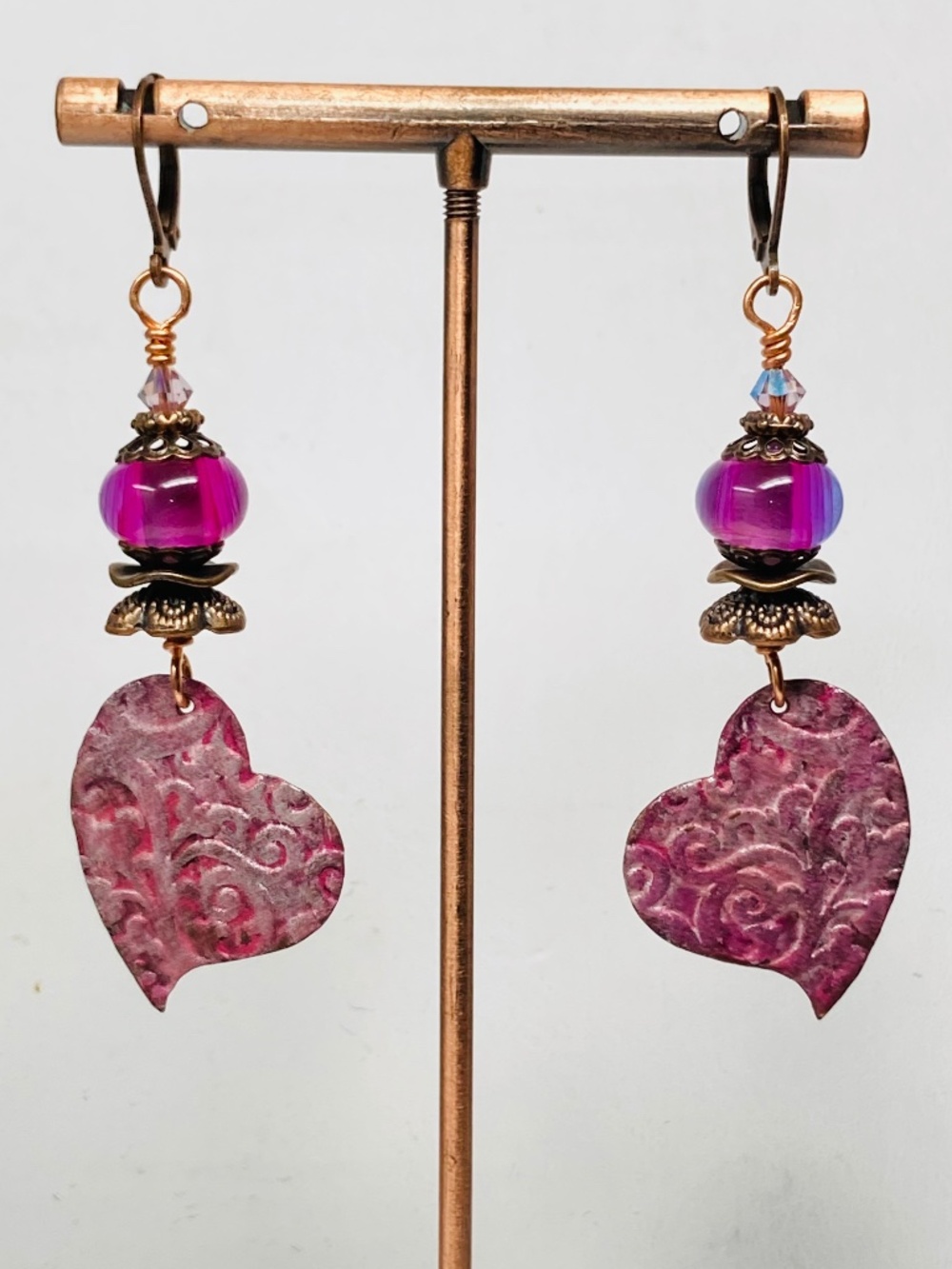 Pink Lampwork beaded, Copper Earrings